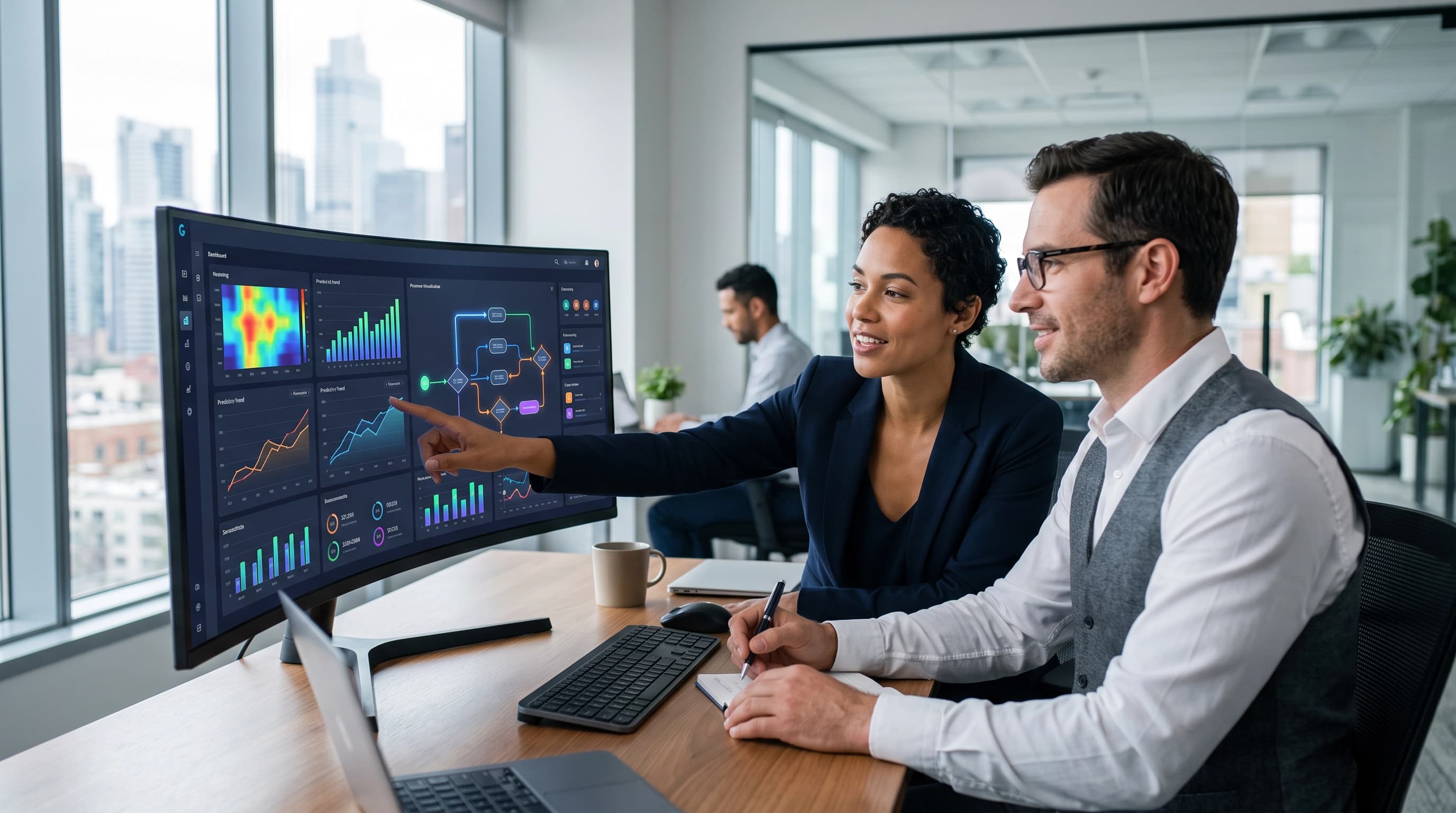 Business analysts collaborating around an AI operations dashboard