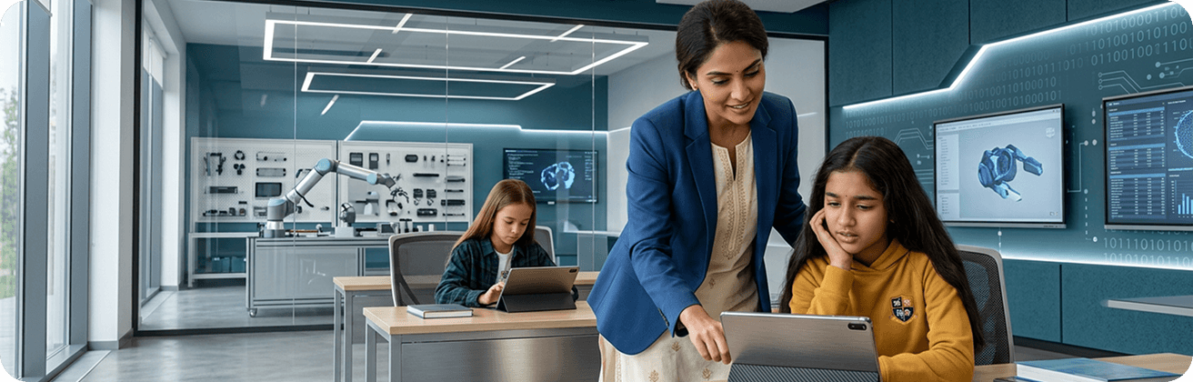 Educator supporting learners in a technology-enabled classroom.