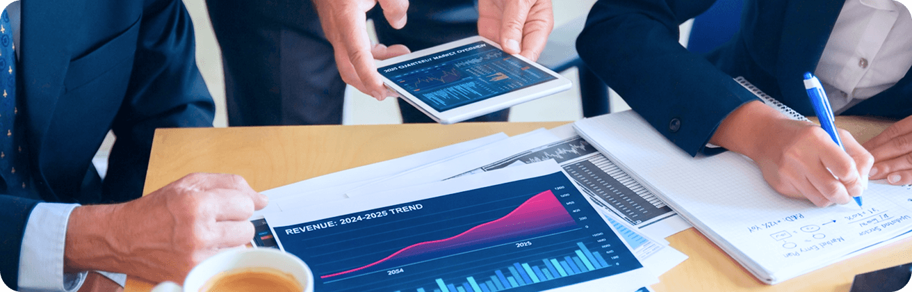 Financial professionals reviewing reports, charts, and business data.