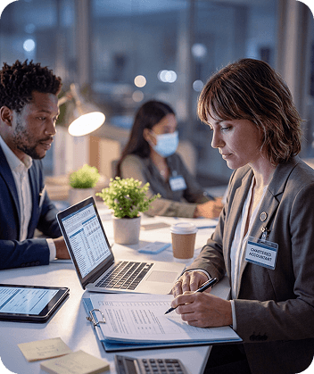 Financial professionals reviewing information together in an office.