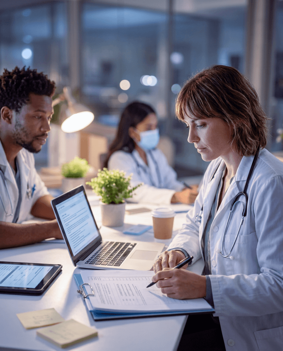 Healthcare professionals reviewing a laptop and paperwork together.