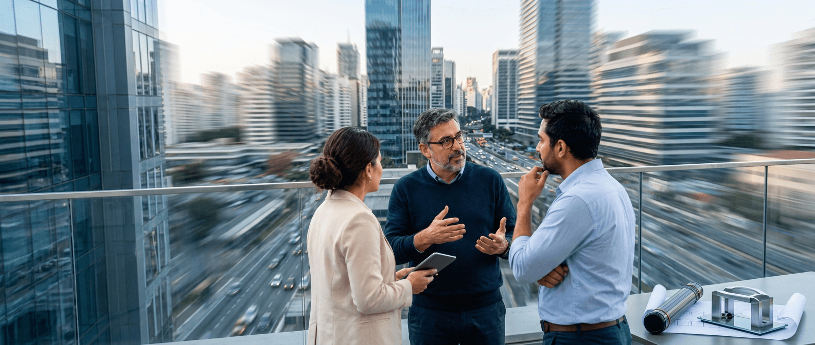 Three business professionals discussing on a terrace overlooking a city.