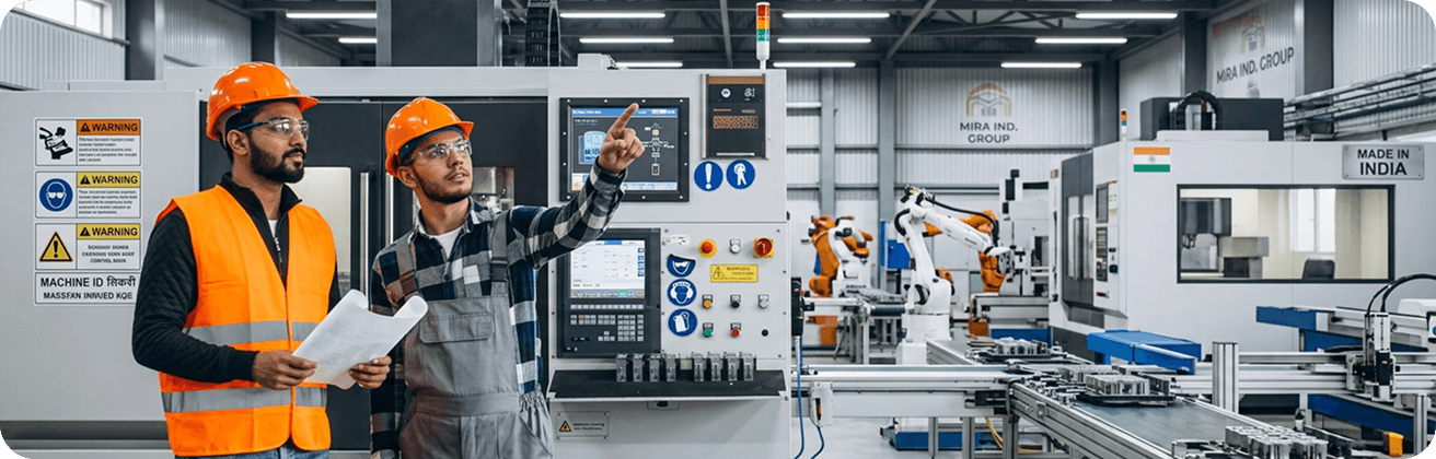 Manufacturing professionals reviewing connected production equipment.