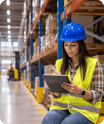 Warehouse professional reviewing supply chain operations on a tablet.