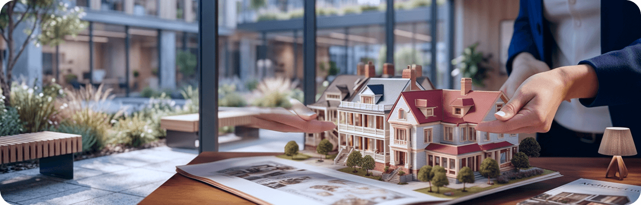 Real estate professionals reviewing architectural property models.