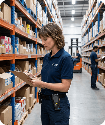 Distribution professional checking inventory on a tablet.