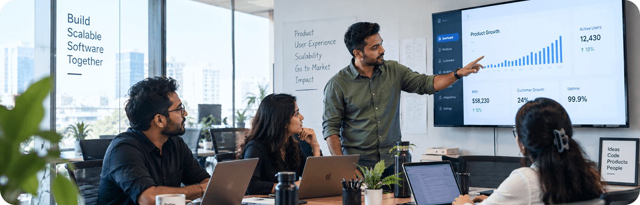 Technology colleagues discussing software and business growth in an office.