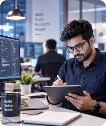 Software professional reviewing code on a laptop.