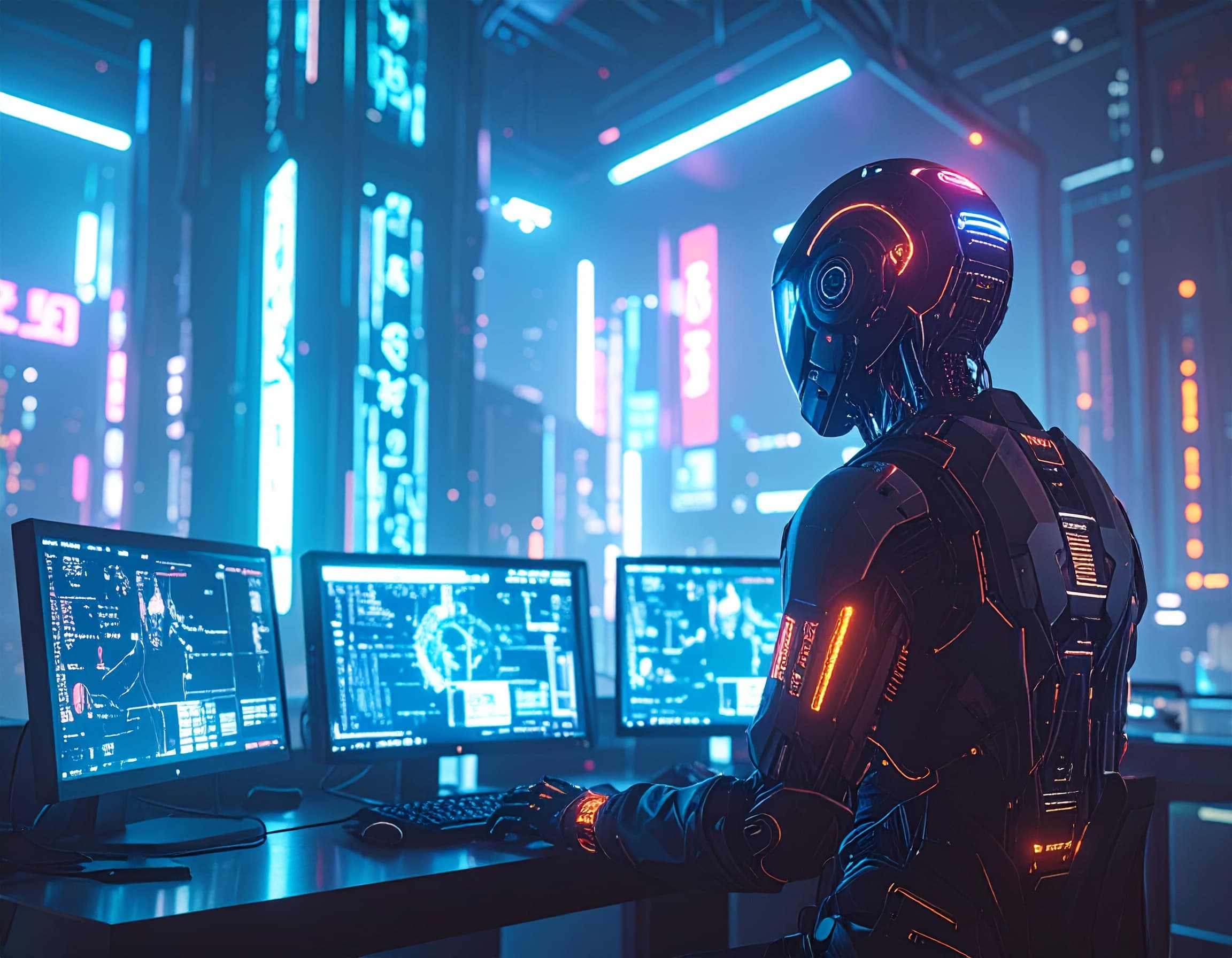Futuristic AI operator working at a bank of illuminated computer screens