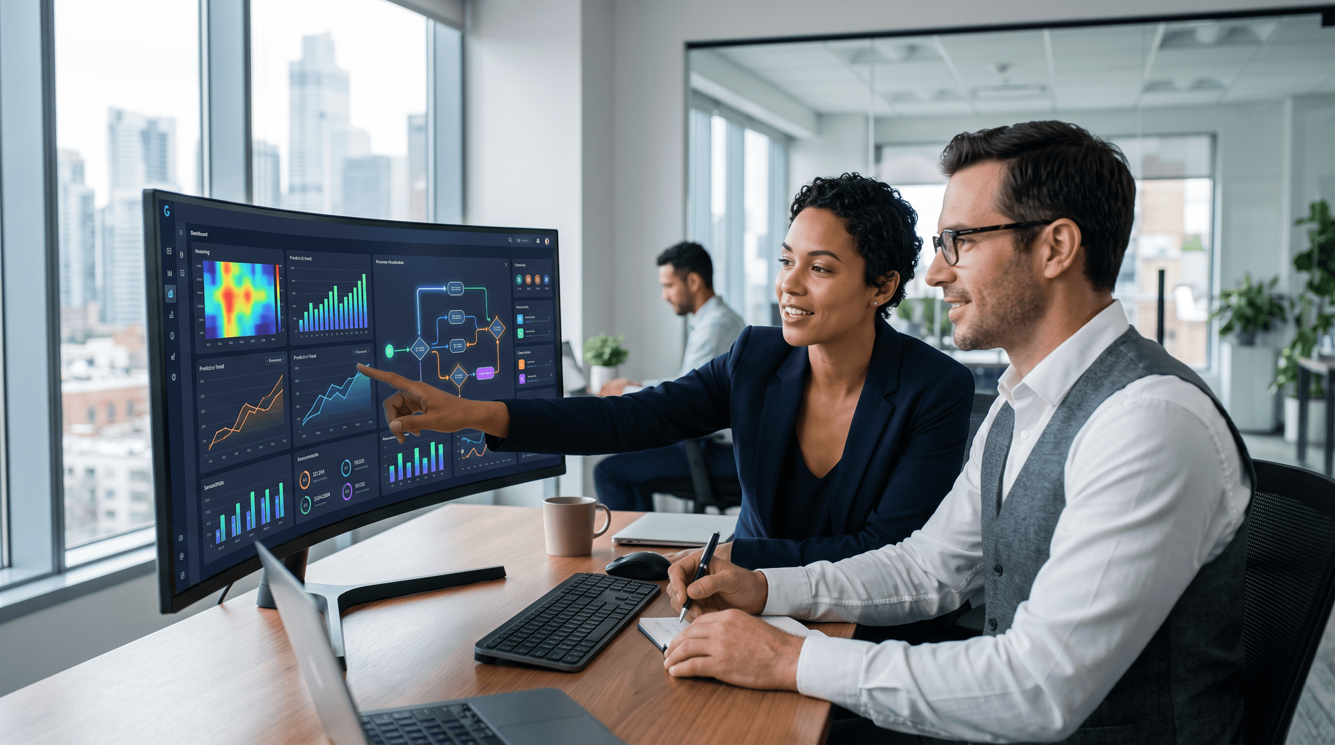 Business analysts collaborating around an AI operations dashboard