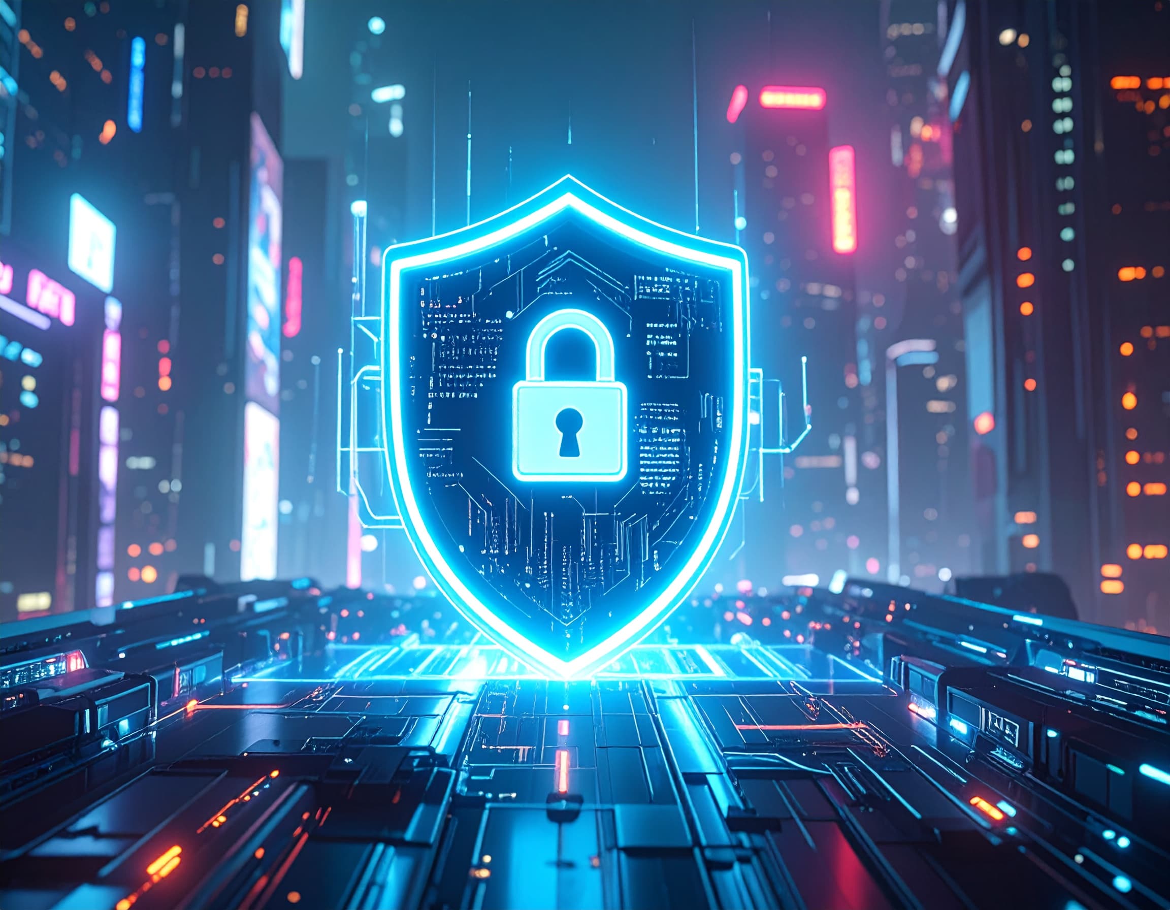 Glowing cybersecurity shield protecting a digital platform