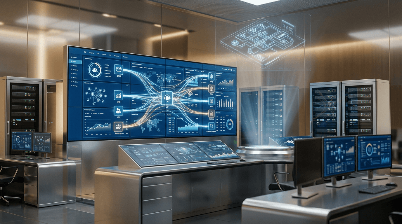 Connected business systems visualized across an enterprise command center