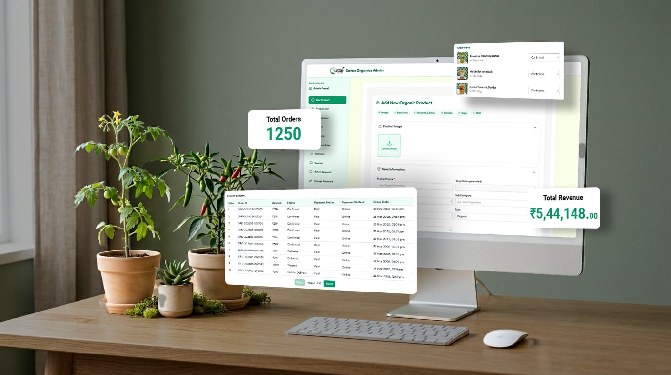 Savan Organics ecommerce admin dashboard displayed on a desktop computer