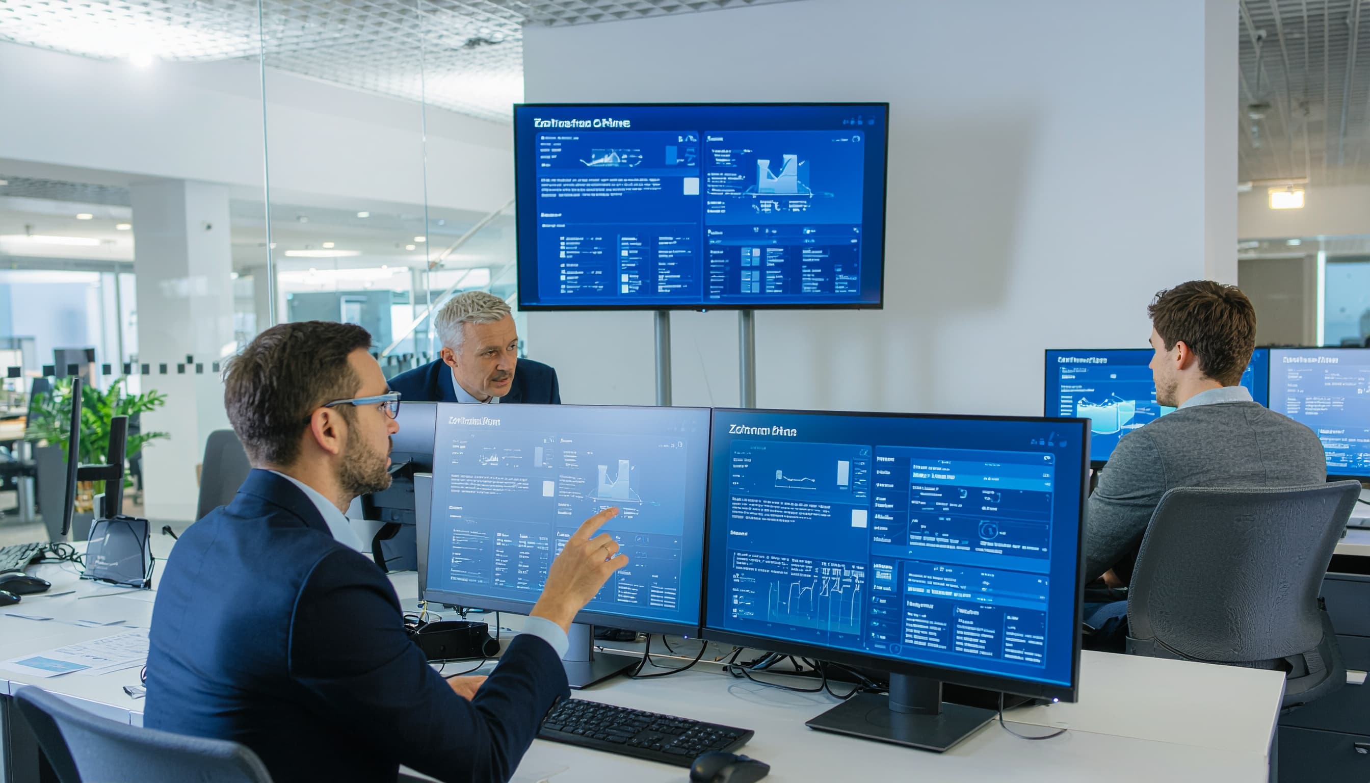 Business team reviewing operational dashboards on multiple screens