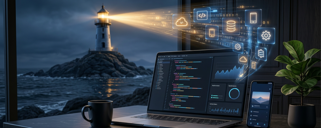 A lighthouse illuminating connected digital systems beside a software development workspace