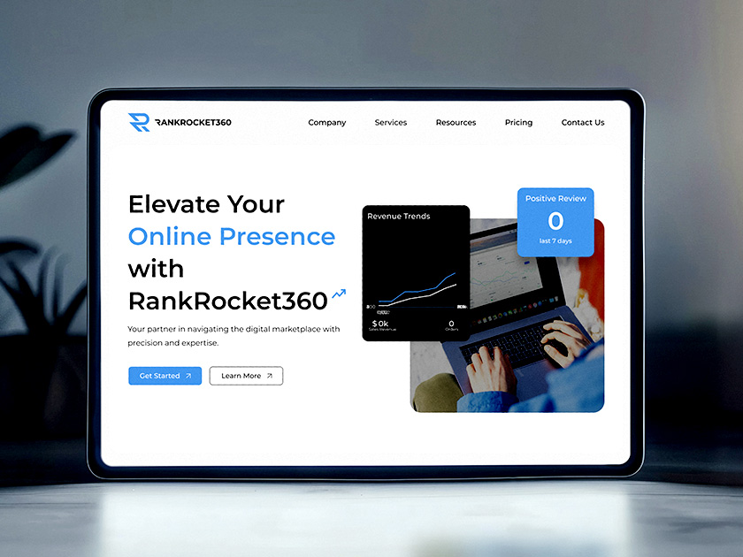 RankRocket360 website and analytics displayed on a laptop